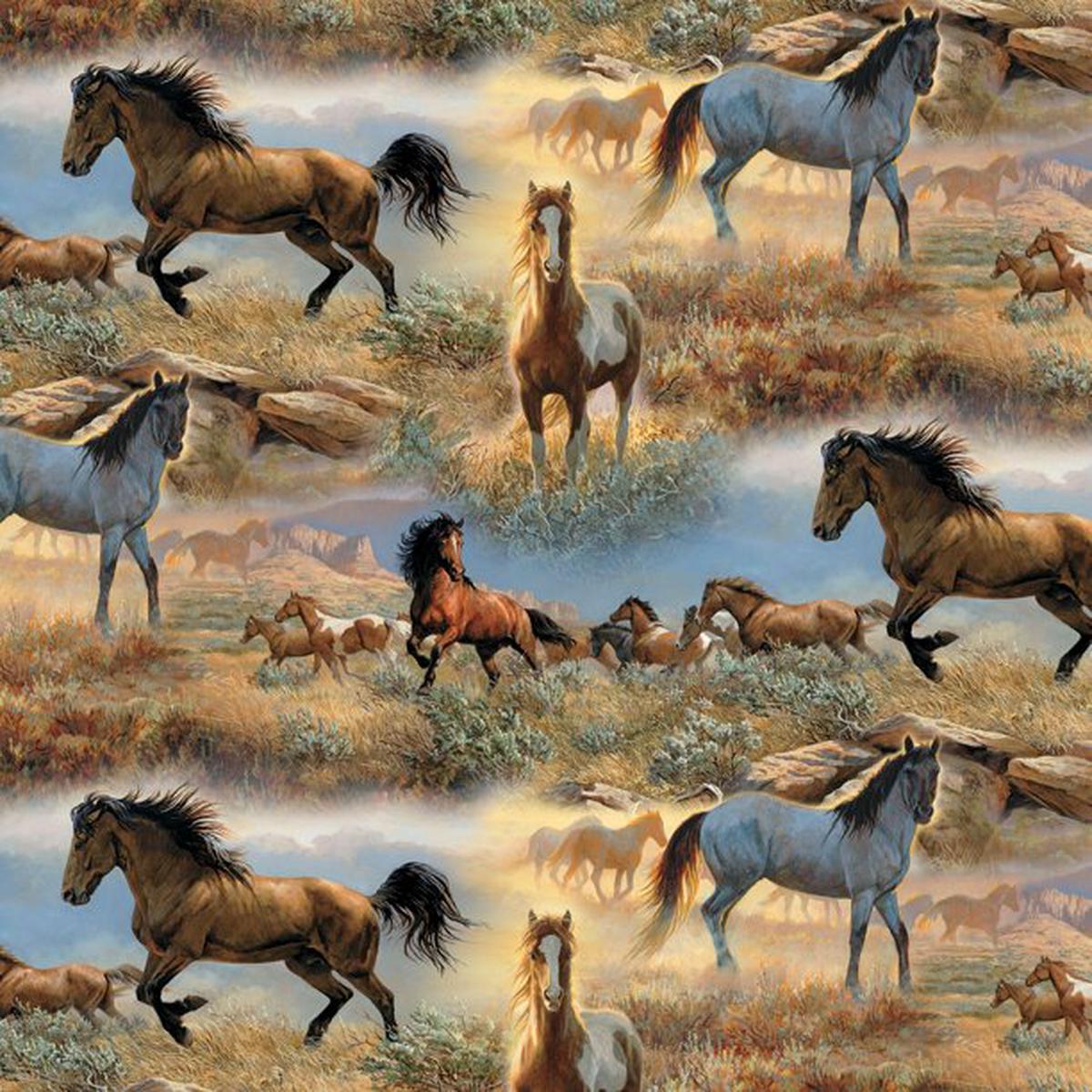 Horses in The Prairies Cotton Fabric - 1 yard