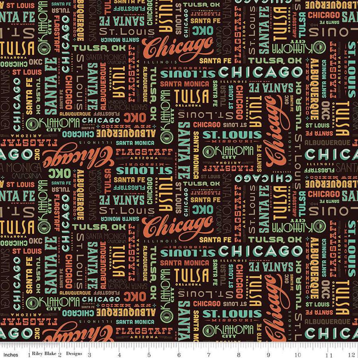 Route 66 Words Black Cotton Fabric - 1 yard