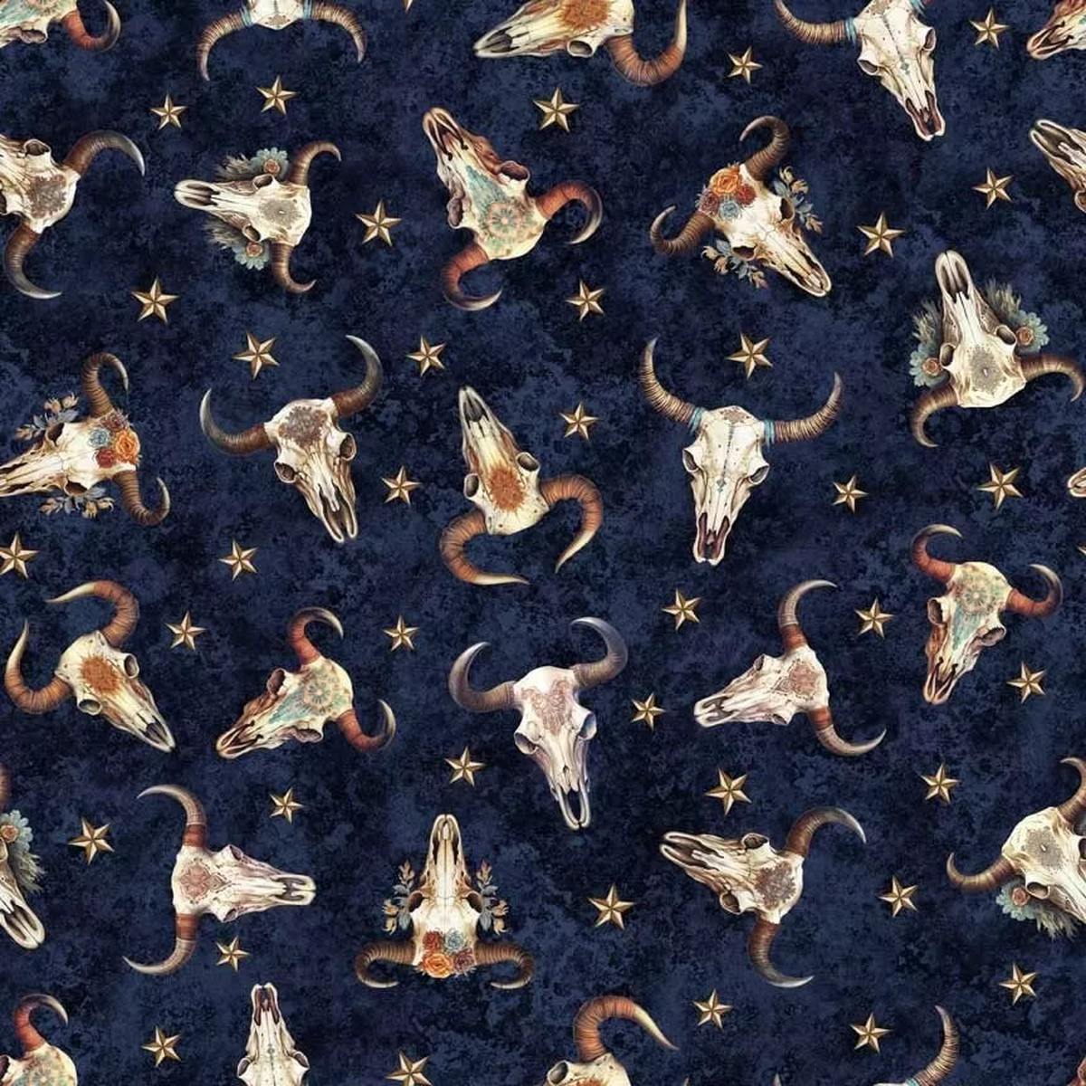 Running Wild Cow Skulls Navy Cotton Fabric - 1 Yard
