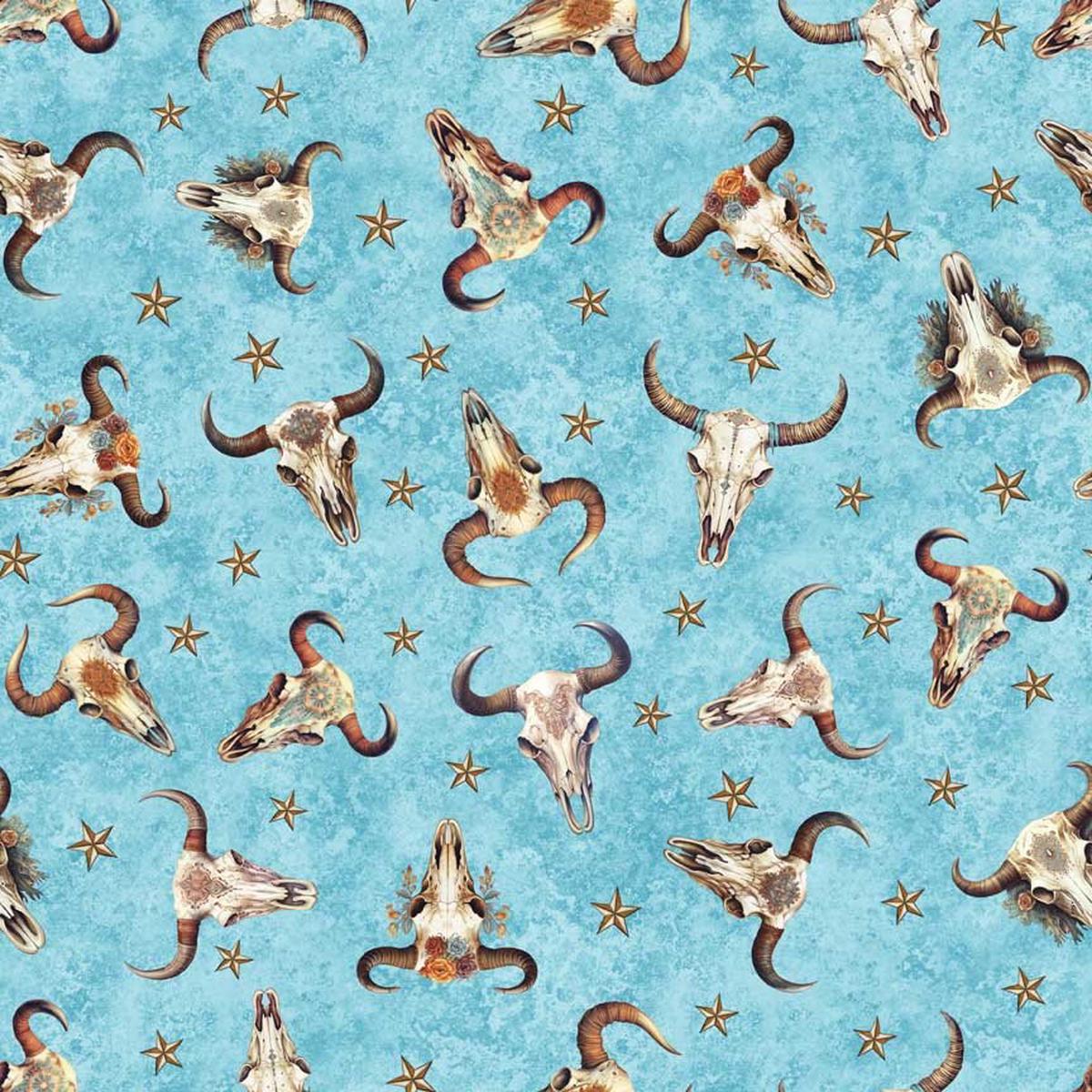 Running Wild Cow Skulls Turquoise Cotton Fabric - 1 Yard