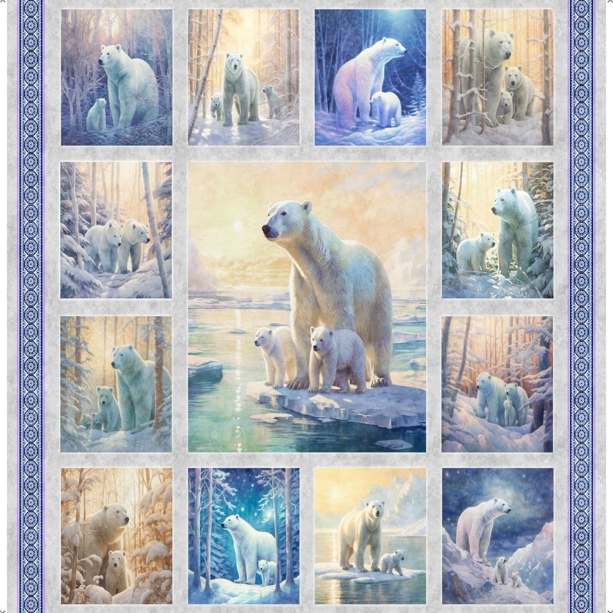 Aurora Polar Bear Patched Gray Cotton Fabric - 1 Yard