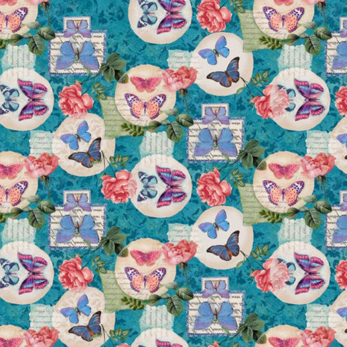 Butterfly and Floral Stamp Victoria Teal Cotton Fabric - 1 yard