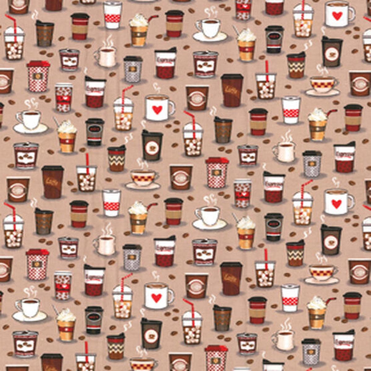 Coffee On Tan Cotton Fabric - 1 yard