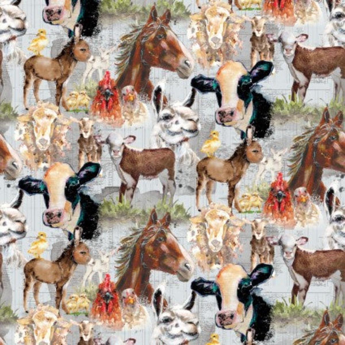 Farm Life Toile Mist Gray Fabric - 1 yard