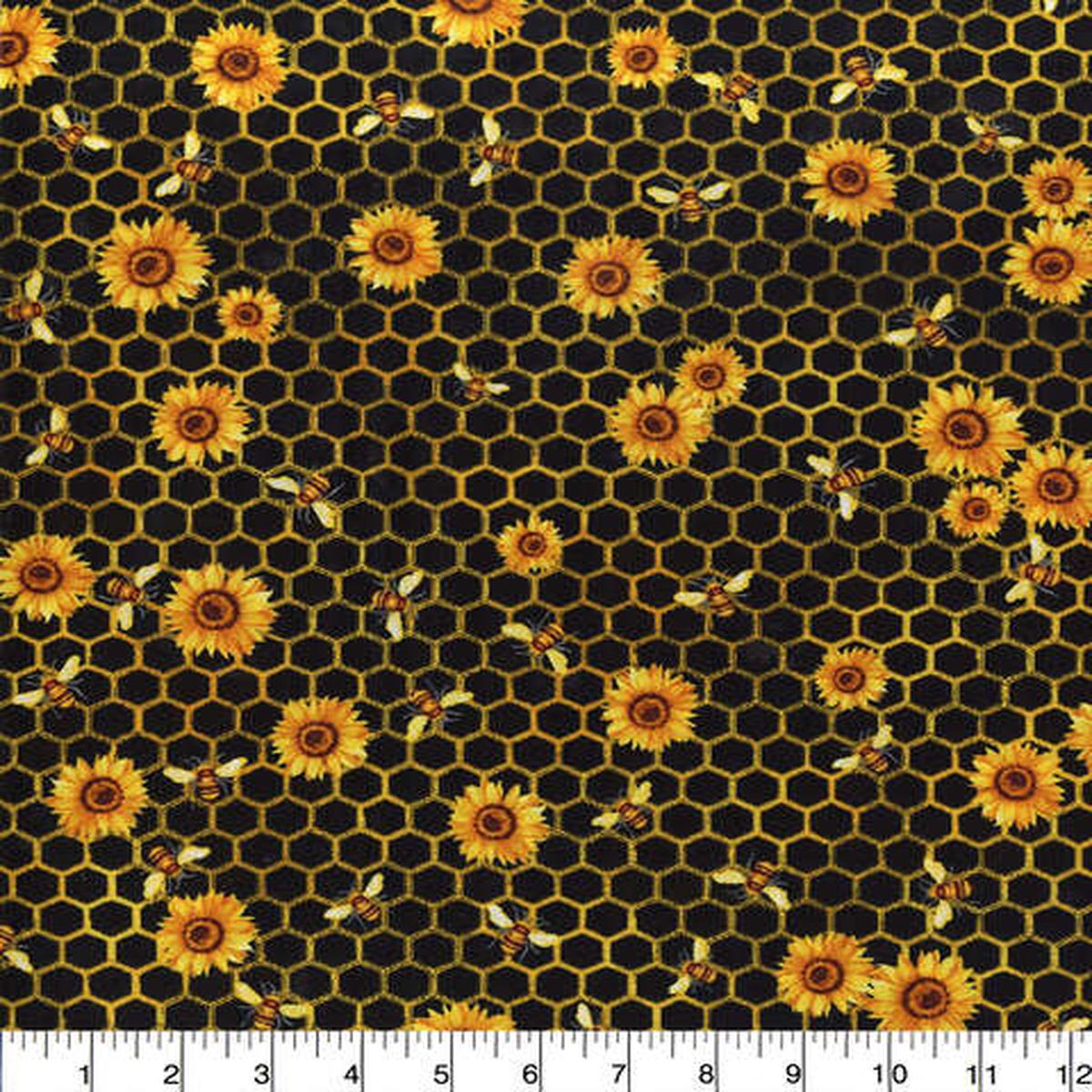 Honeycomb Florals Black Cotton Fabric - 1 yard