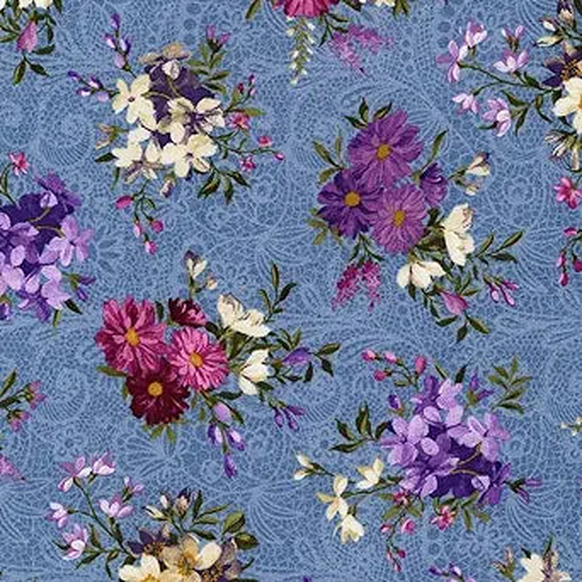 Masterpiece Spaced Floral Bouquets Blue Cotton Fabric - 1 Yard