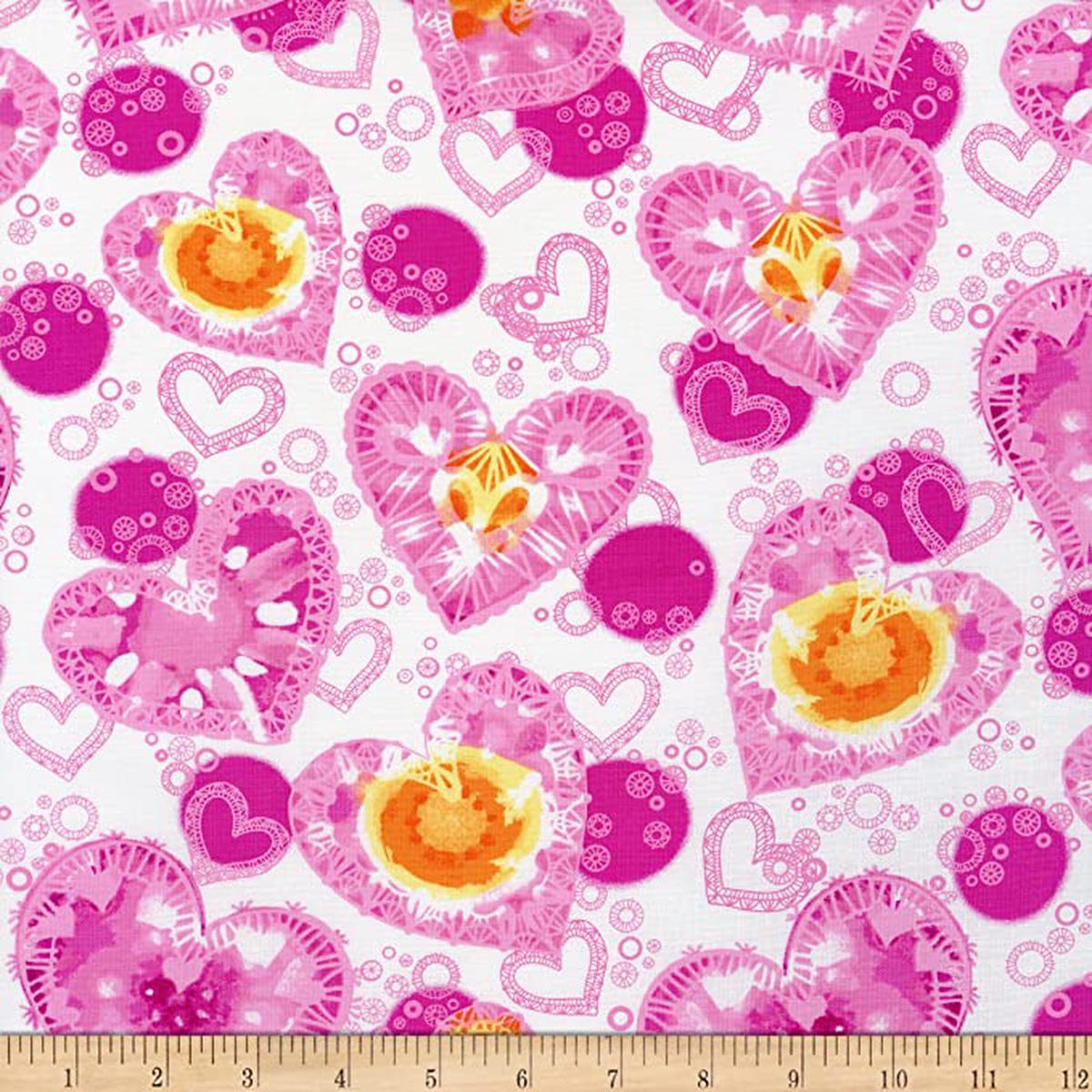 My Valentine Watercolor Hearts on White Pink/White Cotton Fabric - 1 yard