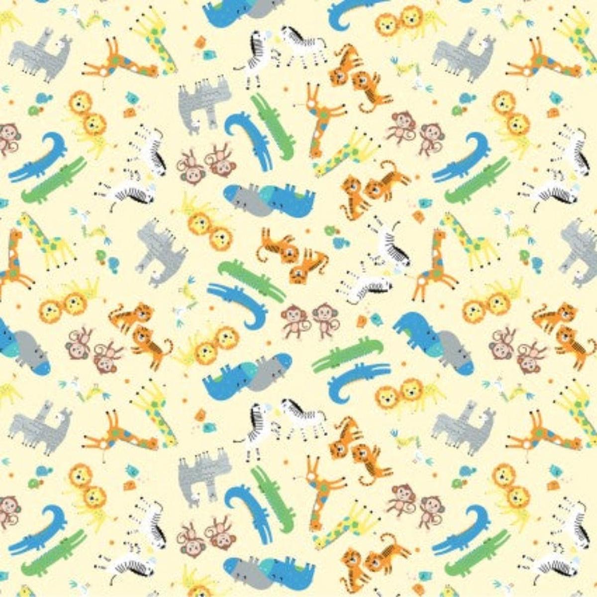 Noah's Journey Two by Two Animals Yellow Cotton Fabric - 1 Yard