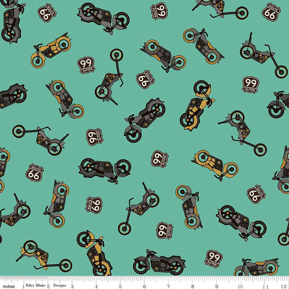 Route 66 Bikes Sea Glass Cotton Fabric - 1 yard