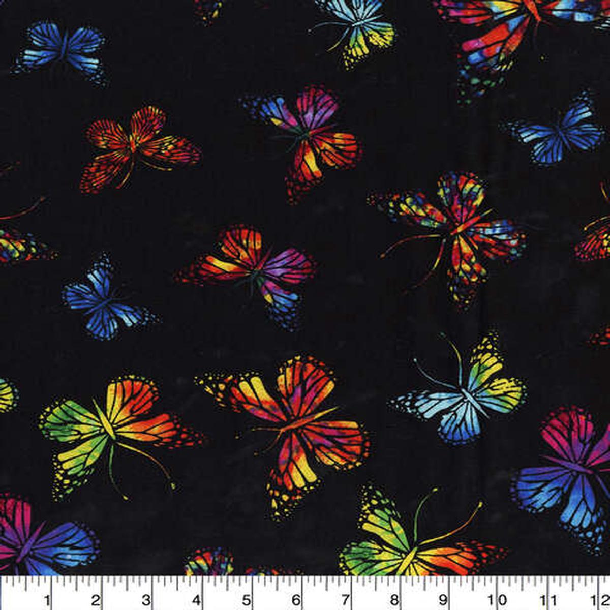 Vibrant Butterflies On Black Cotton Fabric - 1 yard