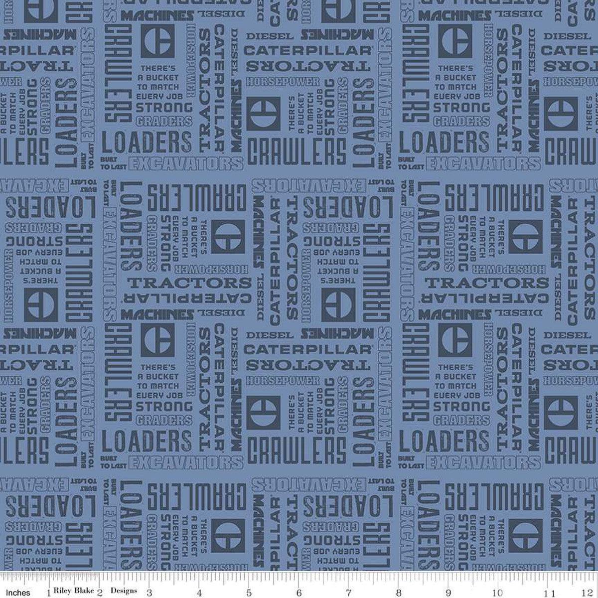 Vintage Caterpillar Text Blue Cotton Fabric