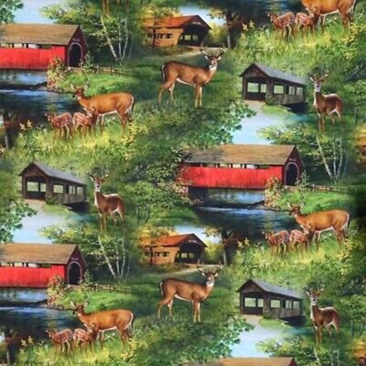 Deer Covered Bridge Scenic Cotton Fabric - 1 yard
