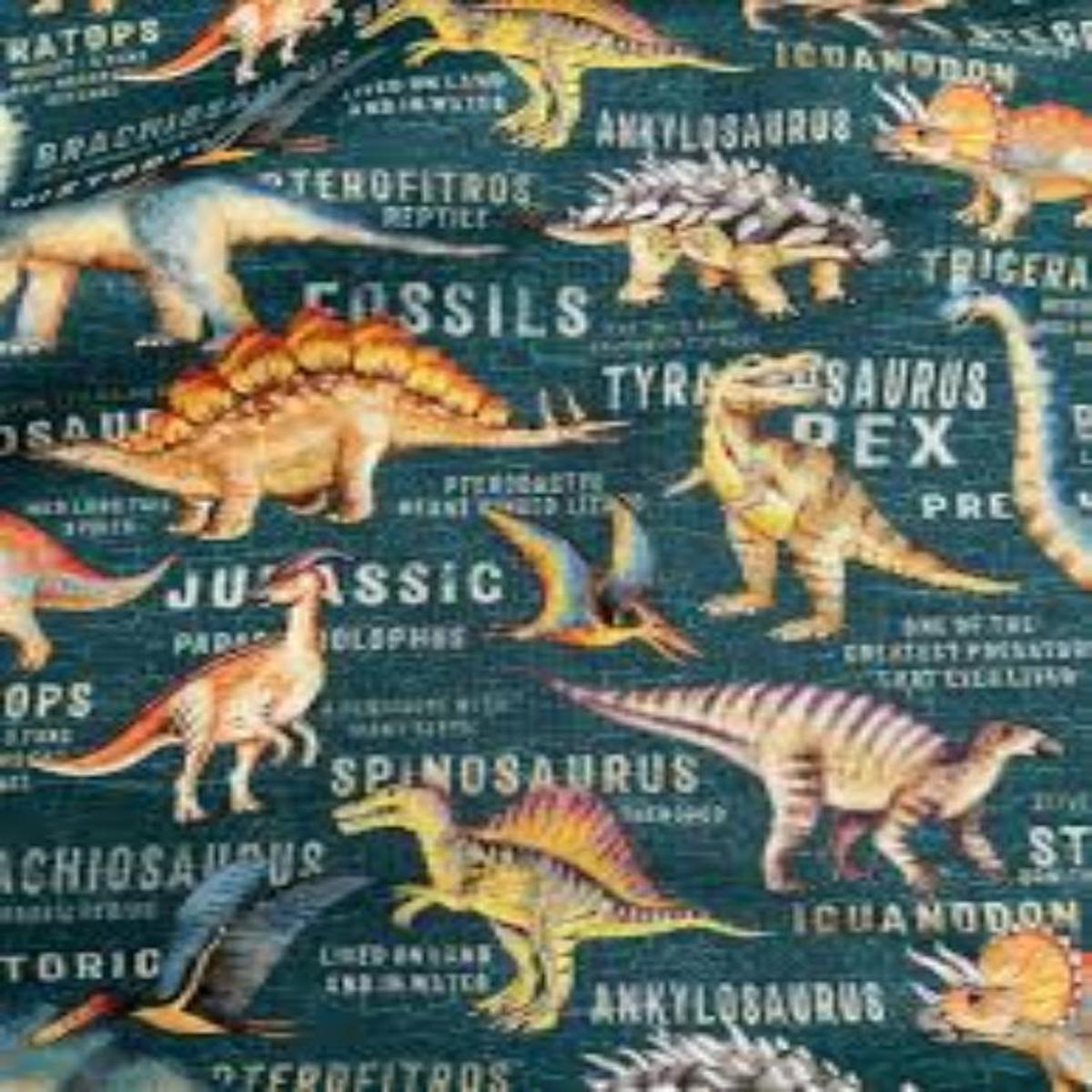 Dinosaur Land Teal Cotton Fabric - 1 Yard