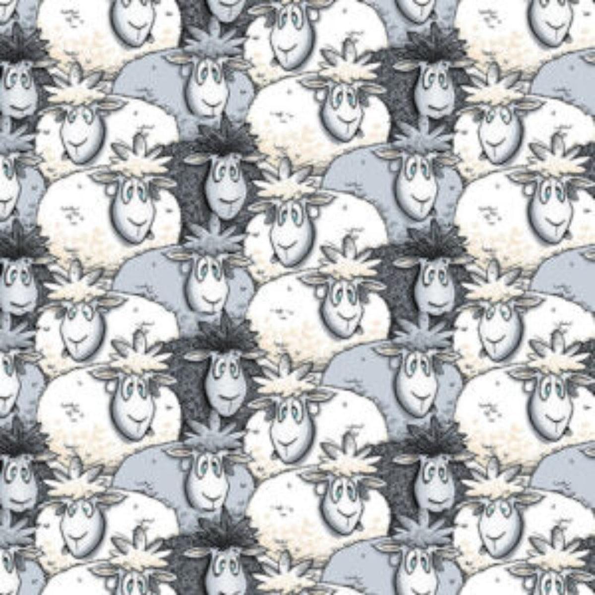 Farmland Tails Sheep Grey Cotton Fabric - 1 yard