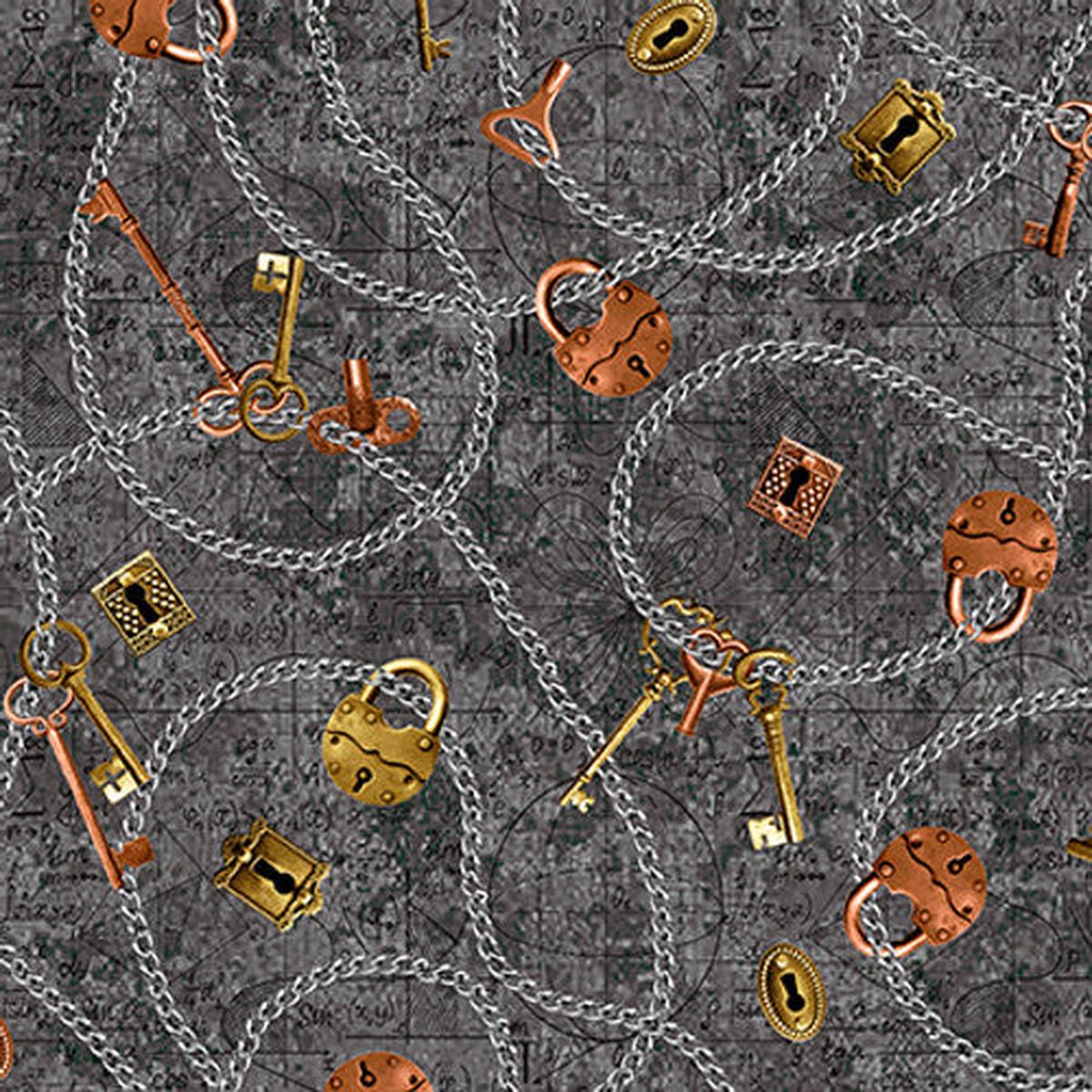 Full Steam Ahead Digital Chain, Keys, Locks Cotton Fabric