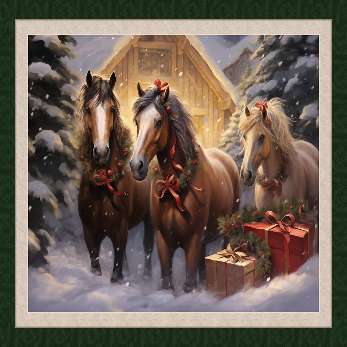 Holiday Horses Panel Cotton Fabric - 1 yard