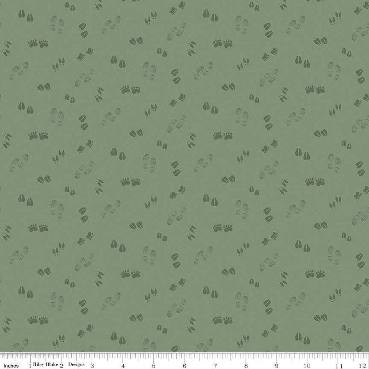 Let's Get Lost in the Woods Tracks Sage Cotton Fabric