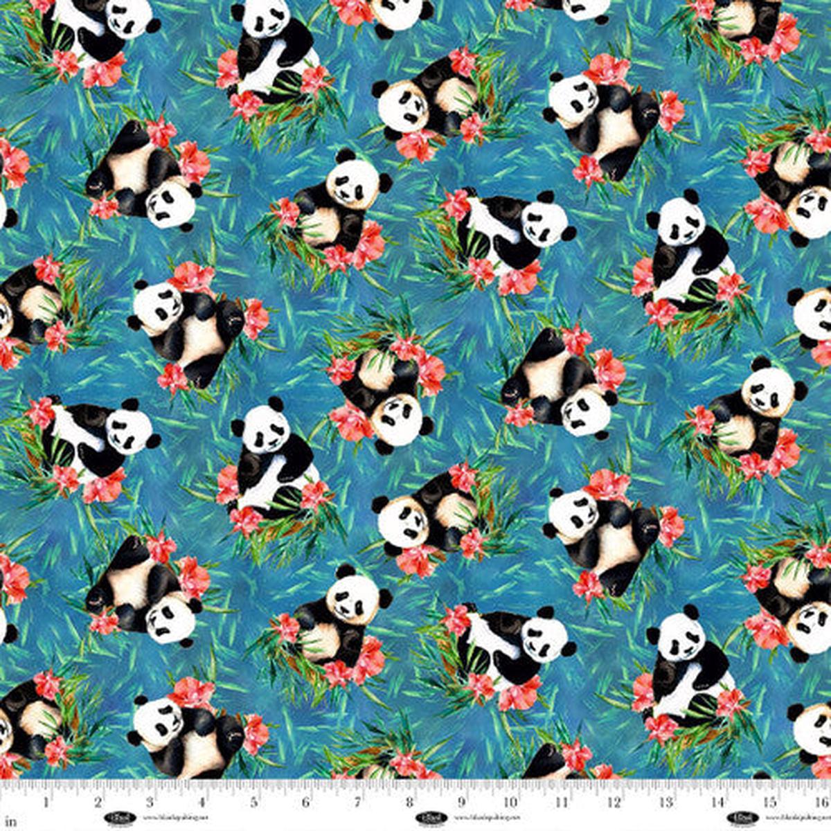 Panda Paradise Digital Tossed Pandas Teal Cotton Fabric - 1 yard