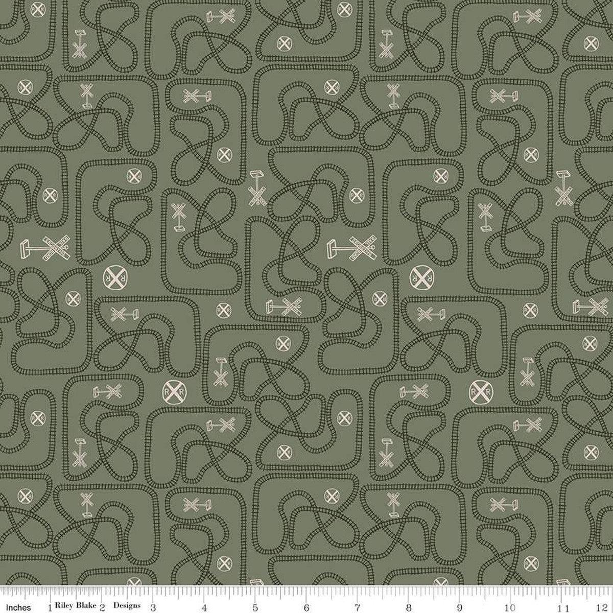 'Round the Mountain Table Tracks Pine Cotton Fabric - 1 yard