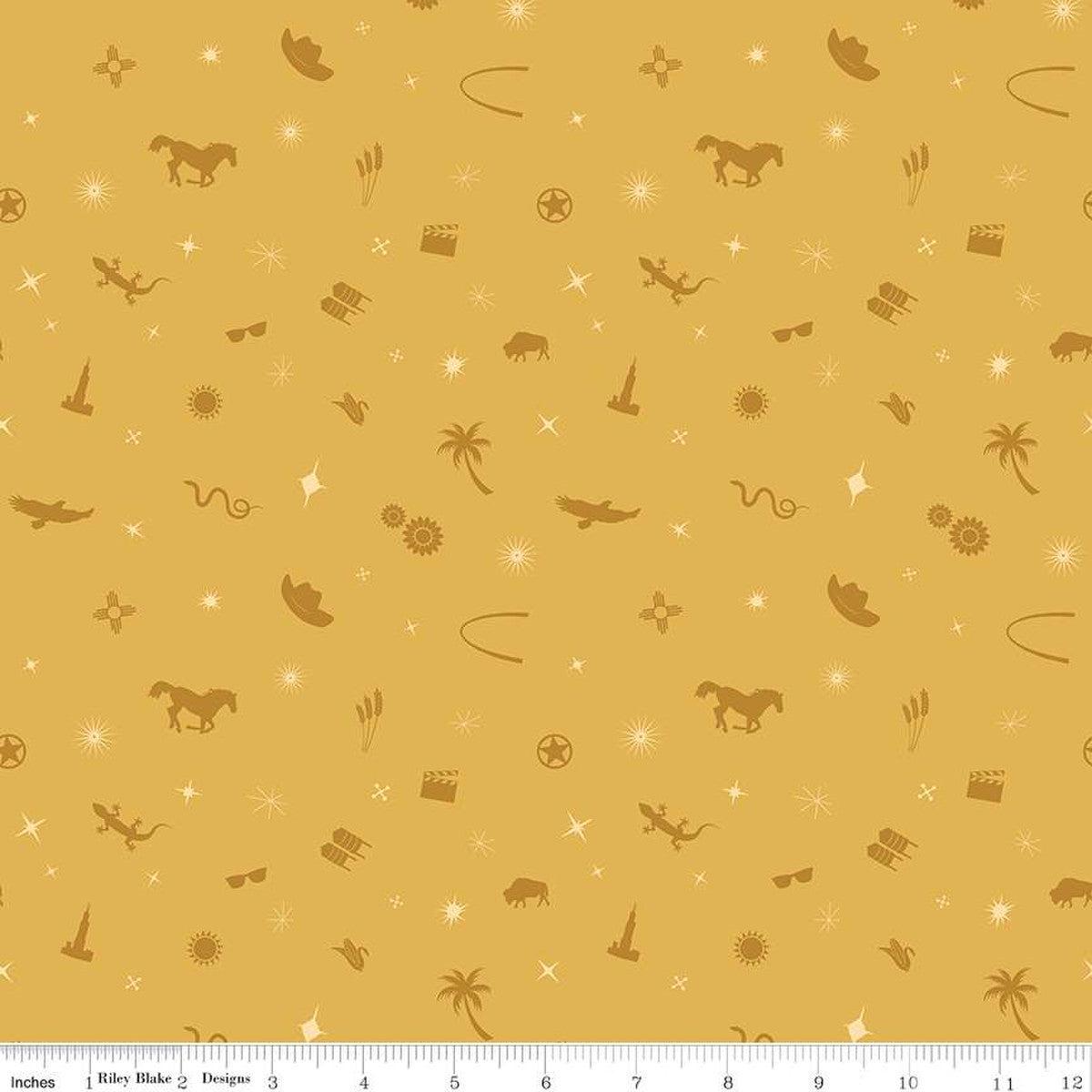 Route 66 Symbol Toss Gold Cotton Fabric - 1 yard