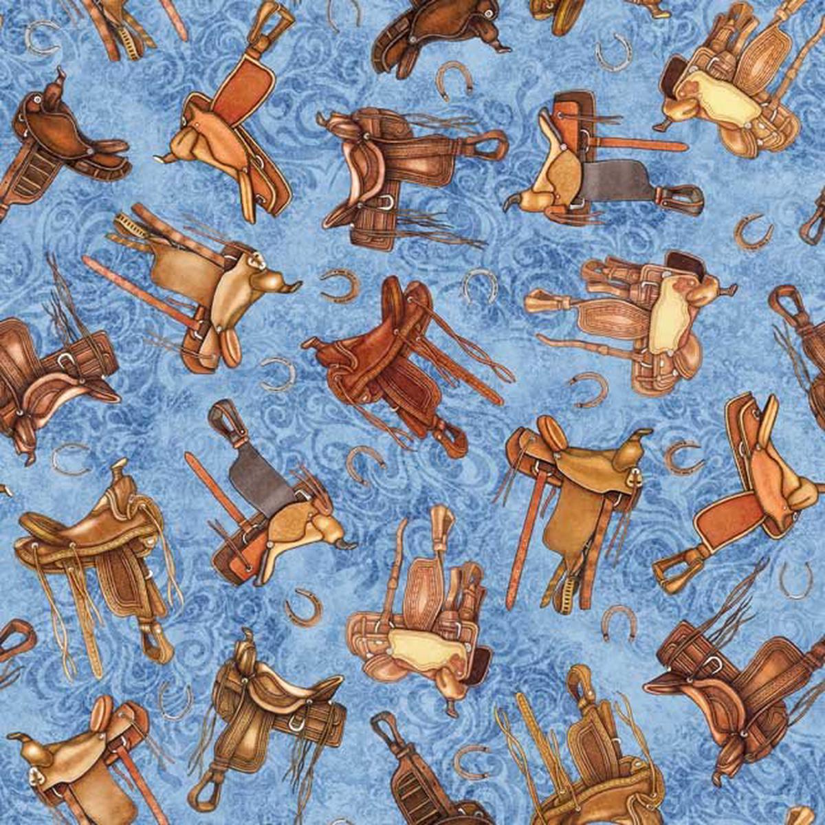 Running Wild Saddles Denim Cotton Fabric - 1 Yard