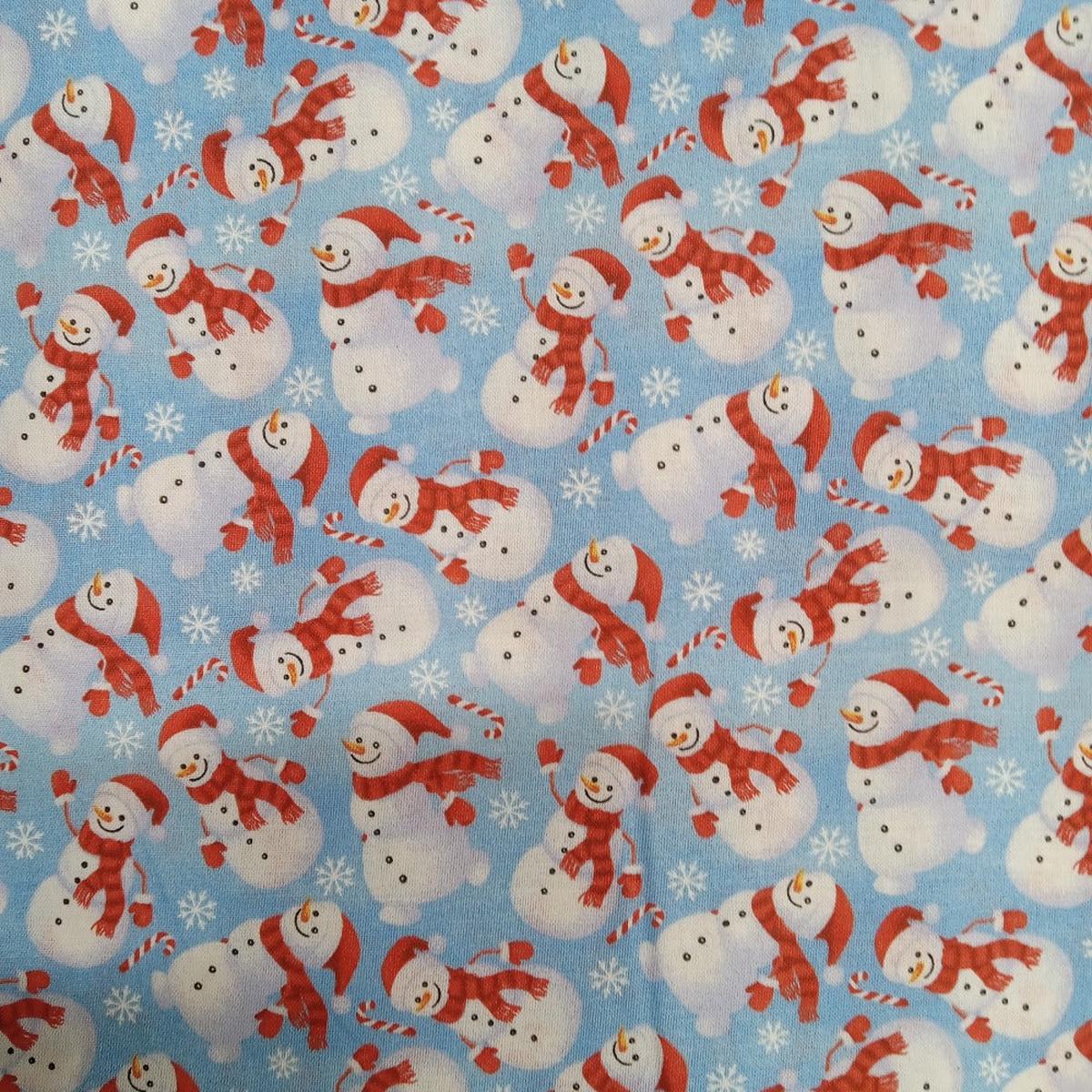 Snowmen Light Blue Cotton Fabric - 1 yard