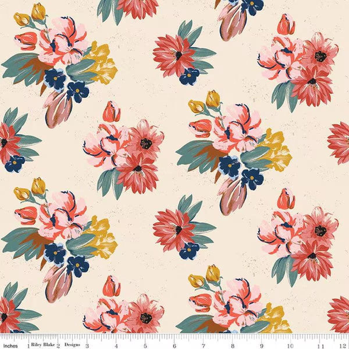Wild Rose Floral Cream Cotton Fabric - 1 yard