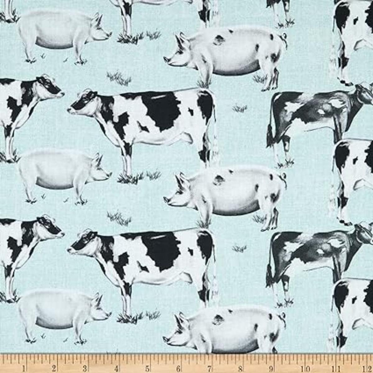 Farmhouse Kitchen Cows and Pigs Mint Cotton Fabric - 1 yard