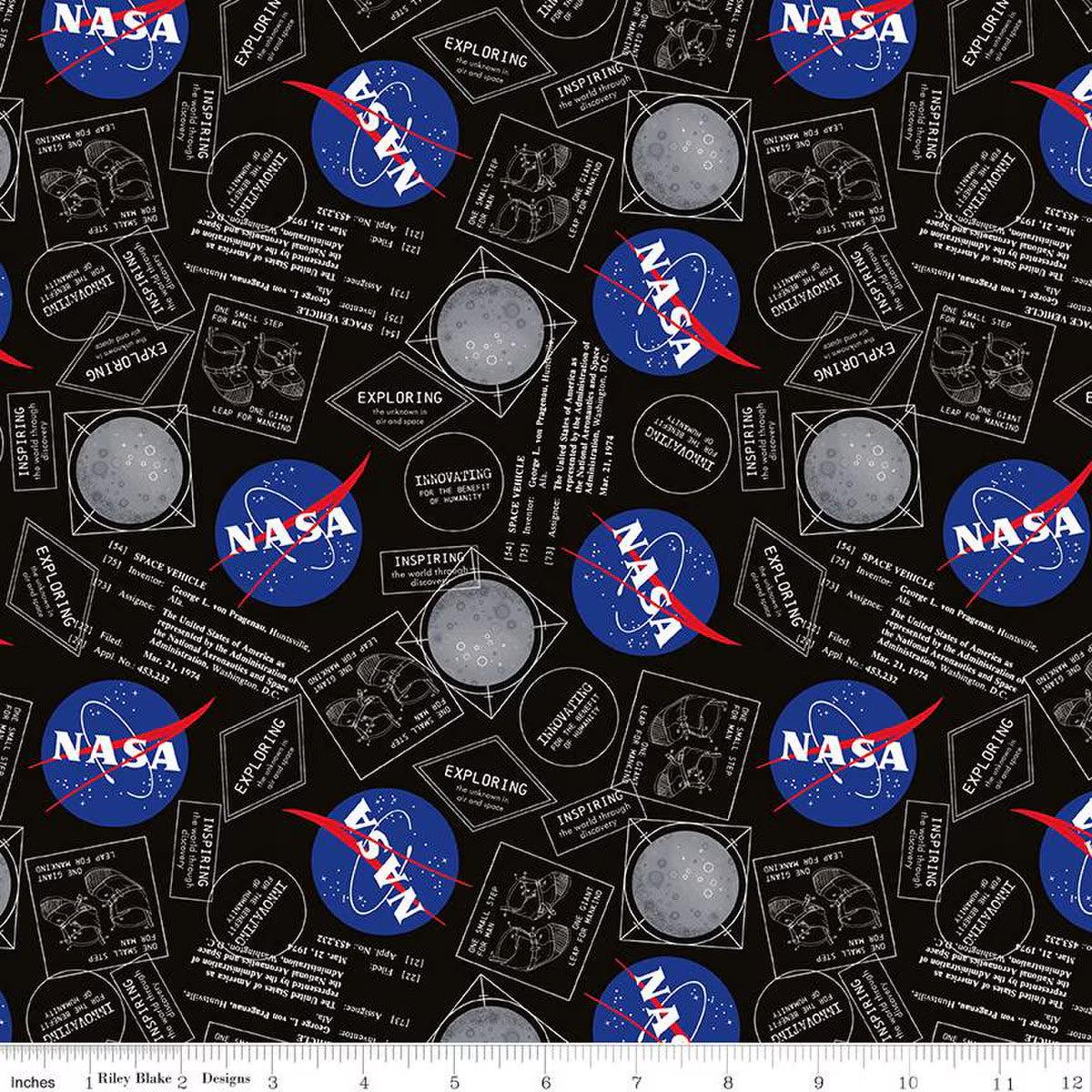 Outer Space by NASA Moon Boots Black Cotton Fabric - 1 yard