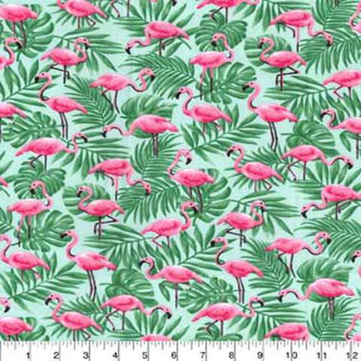 Pink Flamingos In Palm Leaves Cotton Fabric