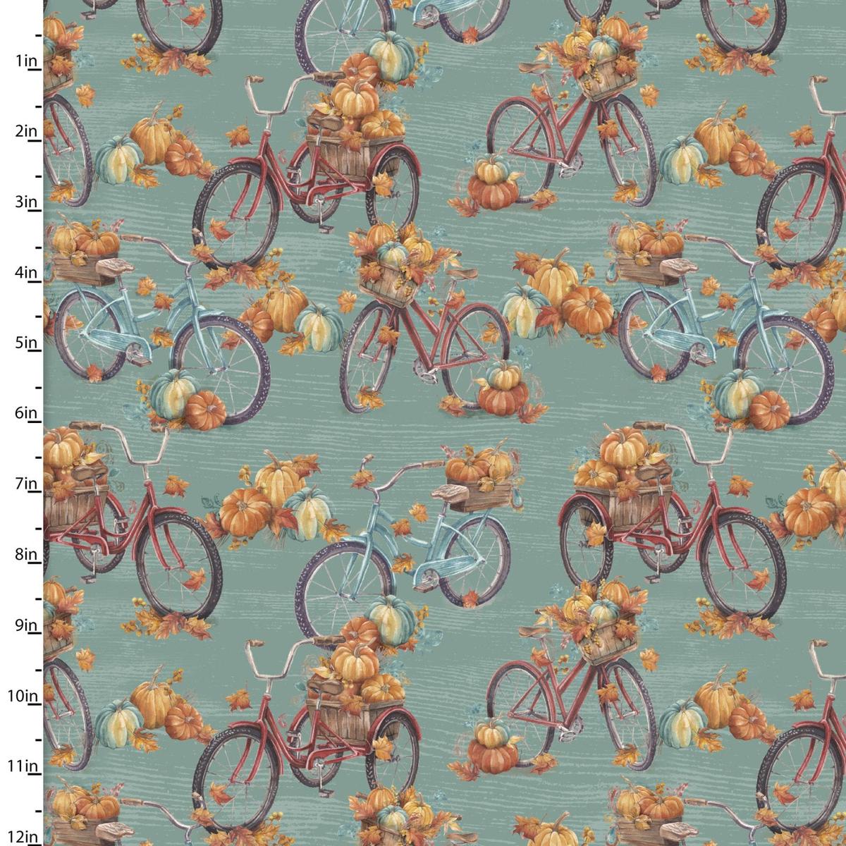 Pumpkin Please Fall Bikes Turquoise Cotton Fabric - 1 yard