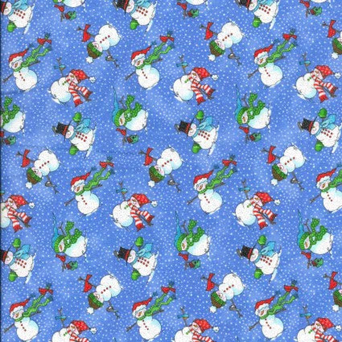 Tossed Snowmen on Blue Christmas Glitter Cotton Fabric - 1 yard