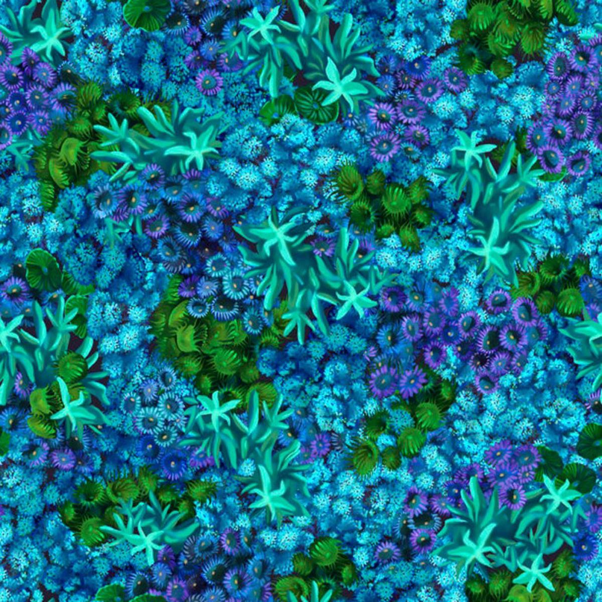 Treasures at Sea Coral Blue Cotton Fabric - 1 yard