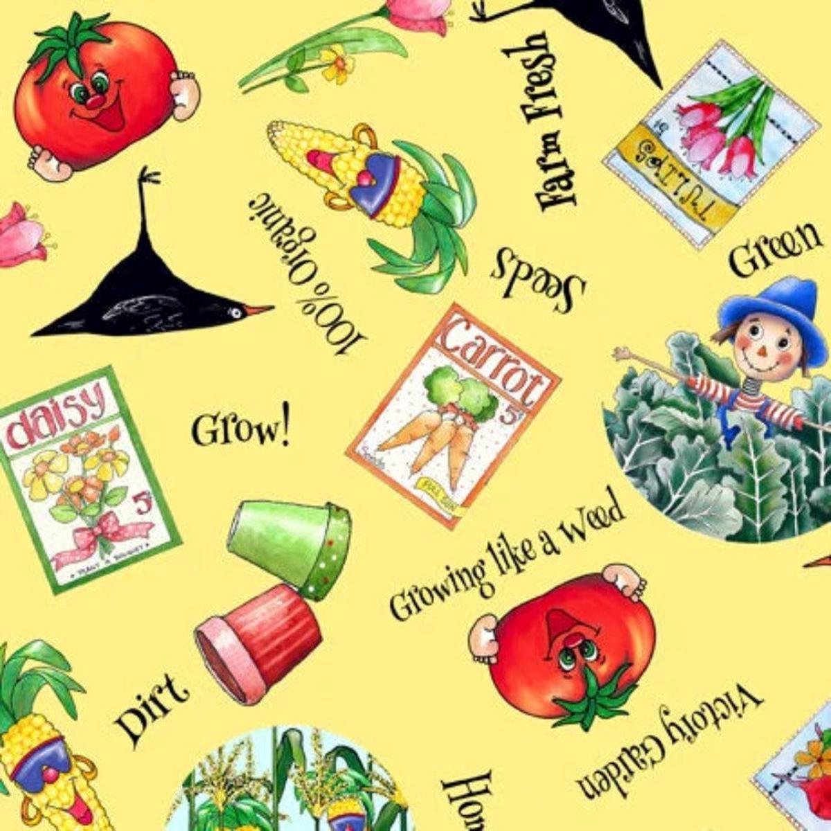 Vegetable Medley Veggie Toss Yellow Cotton Fabric - 1 yard