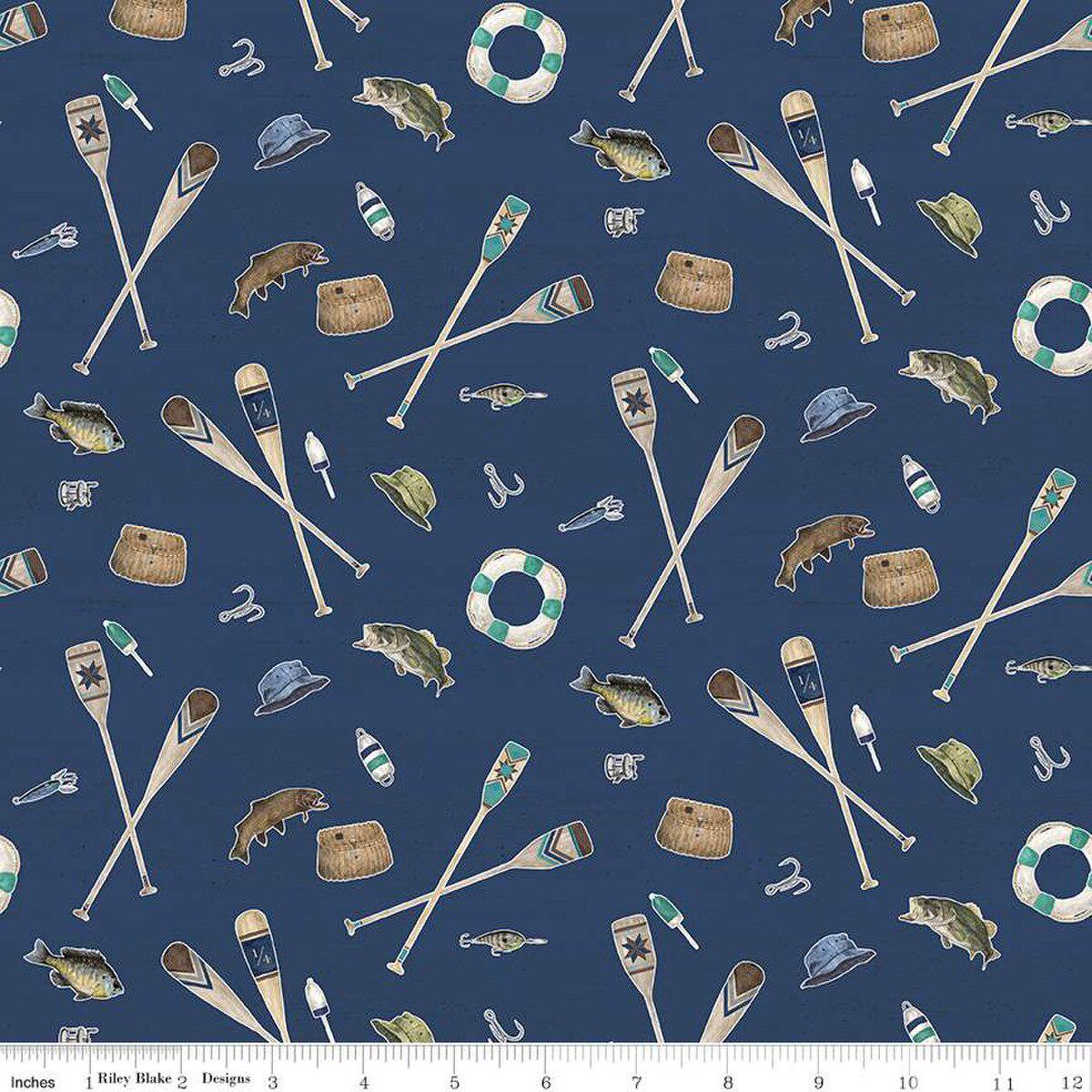 Wake at the Lake Icons Navy Cotton Fabric - 1 yard
