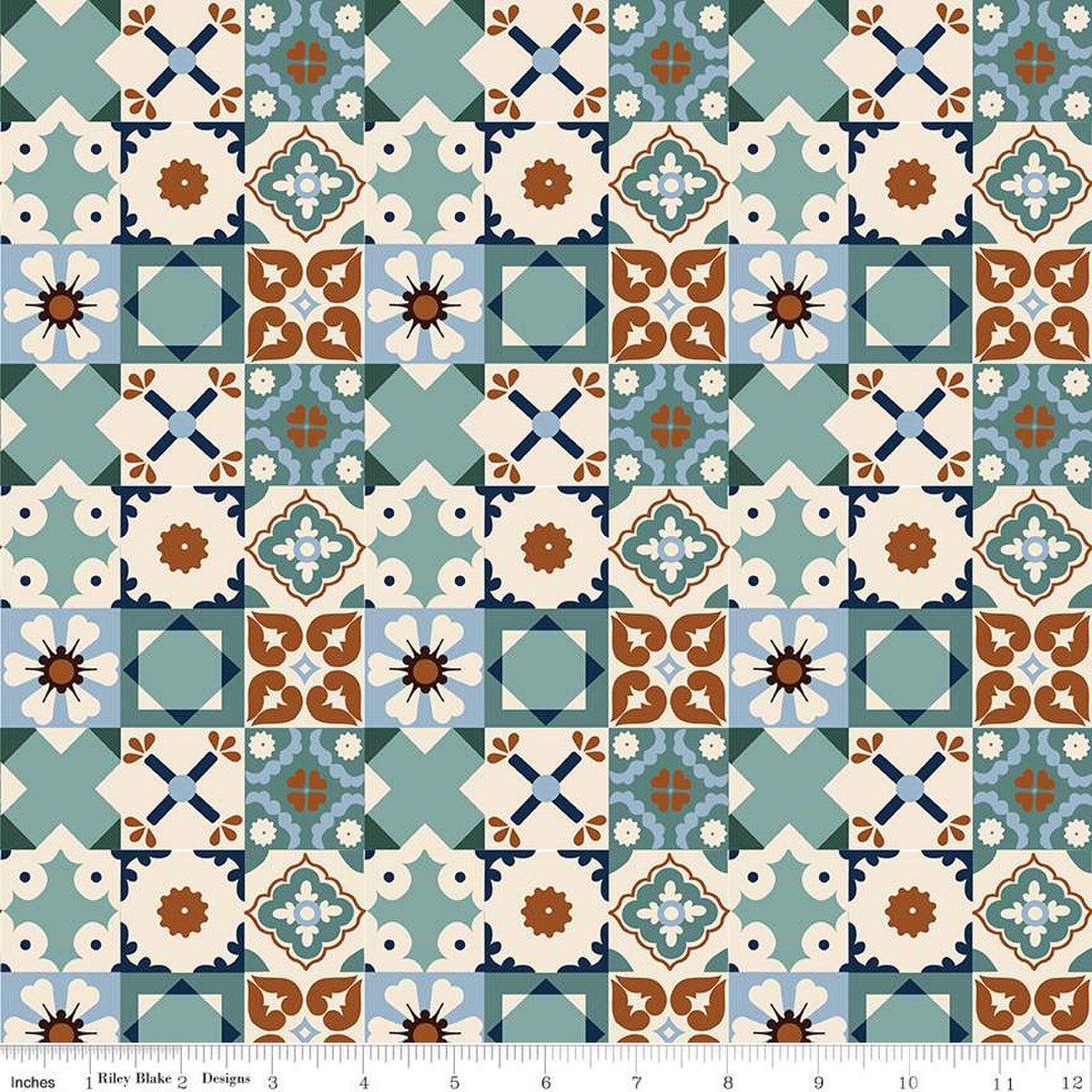 Wild Rose Tiles Teal Cotton Fabric - 1 yard