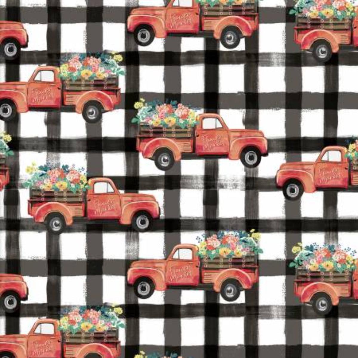 Flower Junction Trucks On Gingham Cotton Fabric - 1 yard