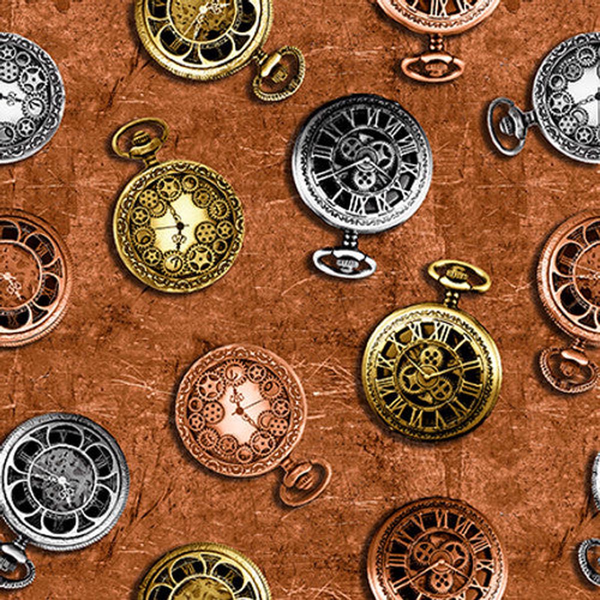 Full Steam Ahead Digital Pocket Watches Cotton Fabric - 1 yard