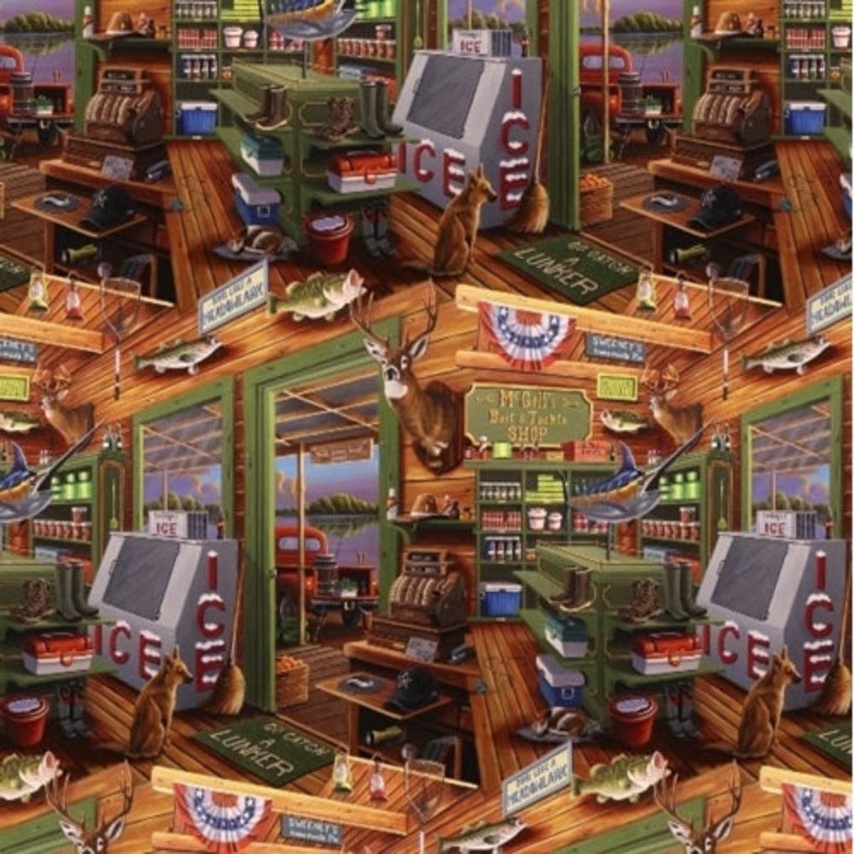McGill's Bait and Tackle Shop Hunting Fishing Store Cotton Fabric - 1 Yard