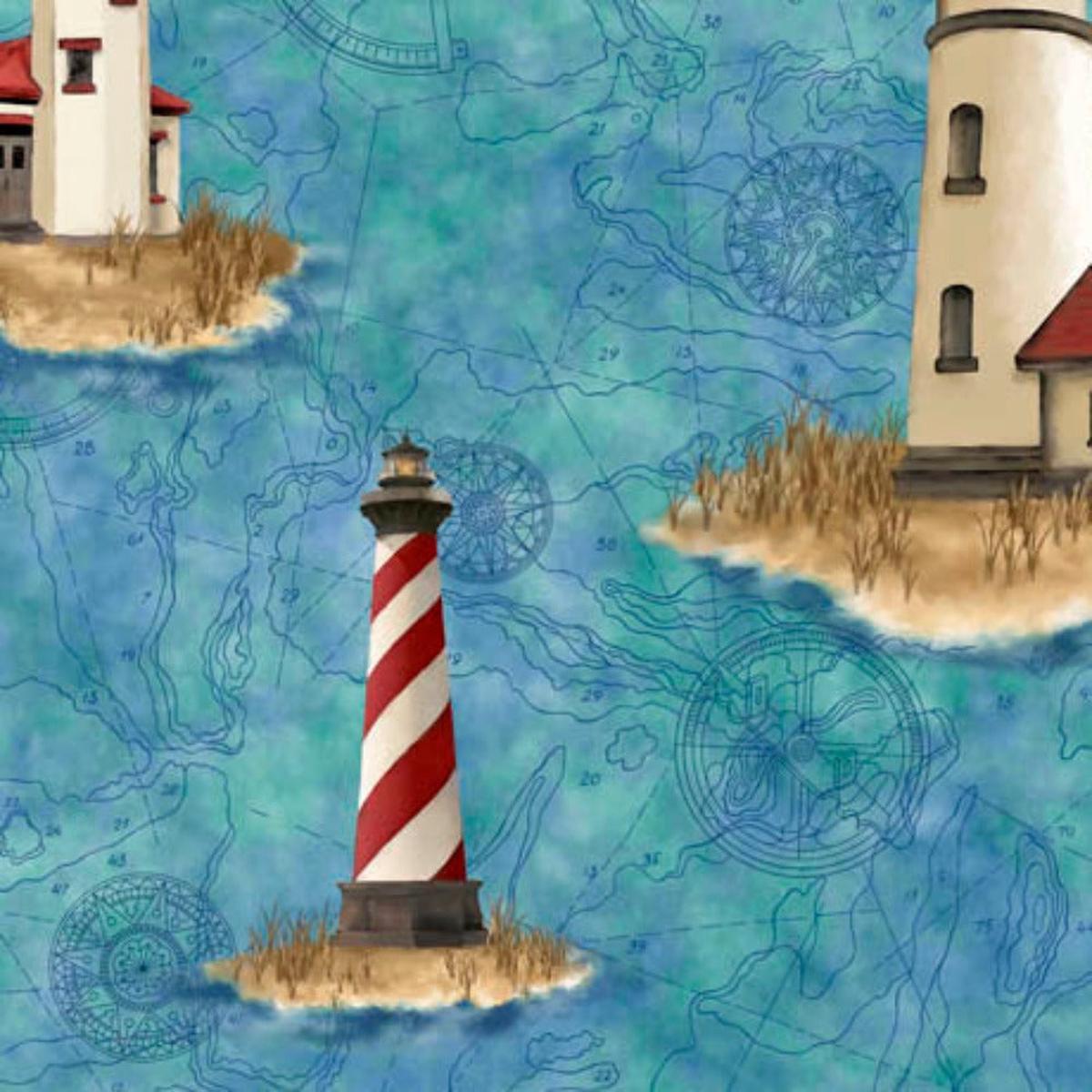 This & That VIII Lighthouses Blue Cotton Fabric - 1 yard