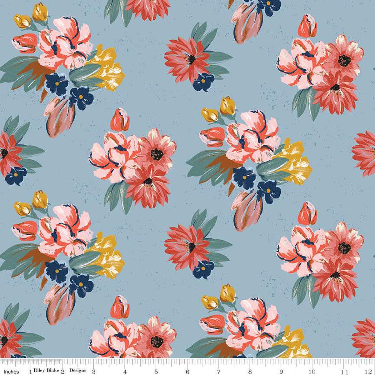 Wild Rose Floral Blue Cotton Fabric - 1 yard