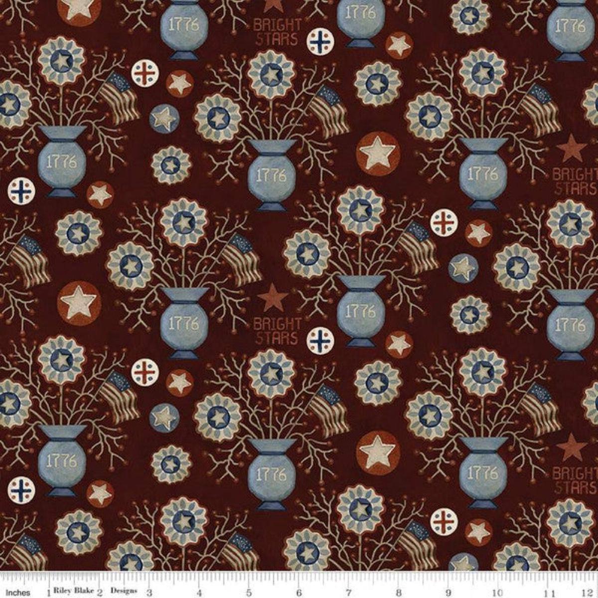Bright Stars Vases Burgundy Patriotic Cotton Fabric