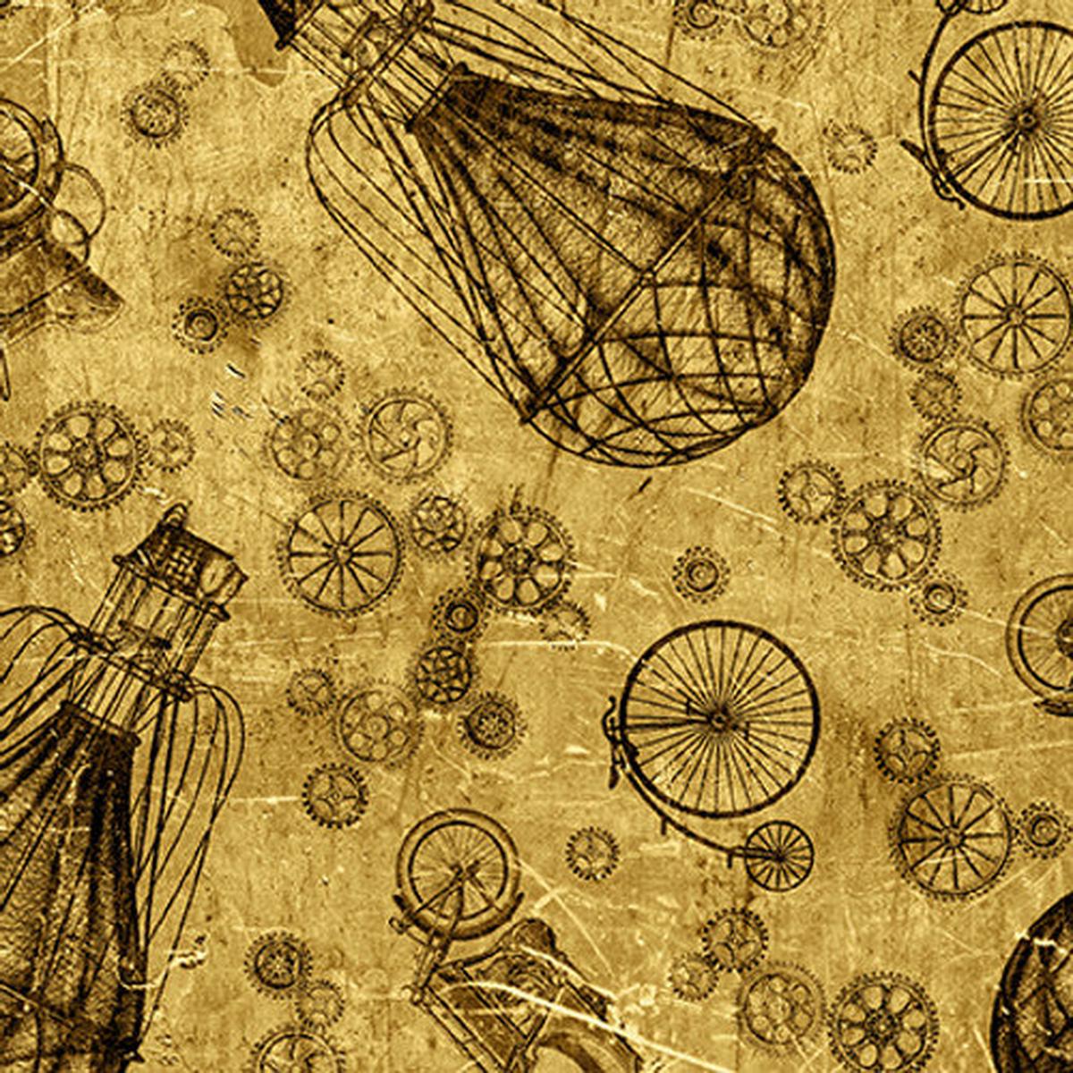 Full Steam Ahead Digital Hot Air Balloons, Cars & Bicycles Cotton Fabric - 1 yard