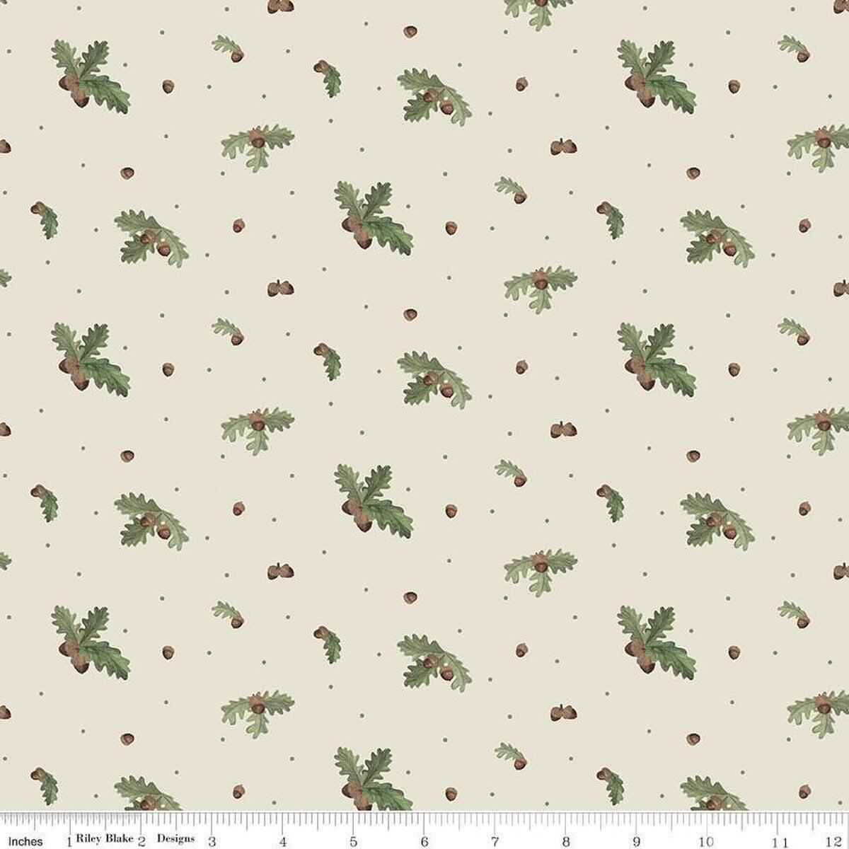 Let's Get Lost in the Woods Acorns and Leaves Off White Cotton Fabric - 1 Yard