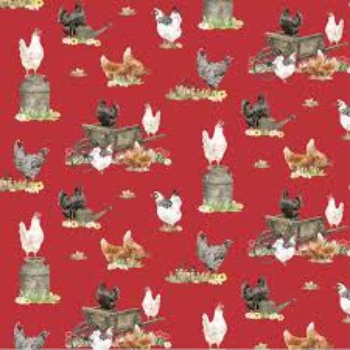 Spring Barn Quilts Chickens Red Cotton Fabric - 1 Yard