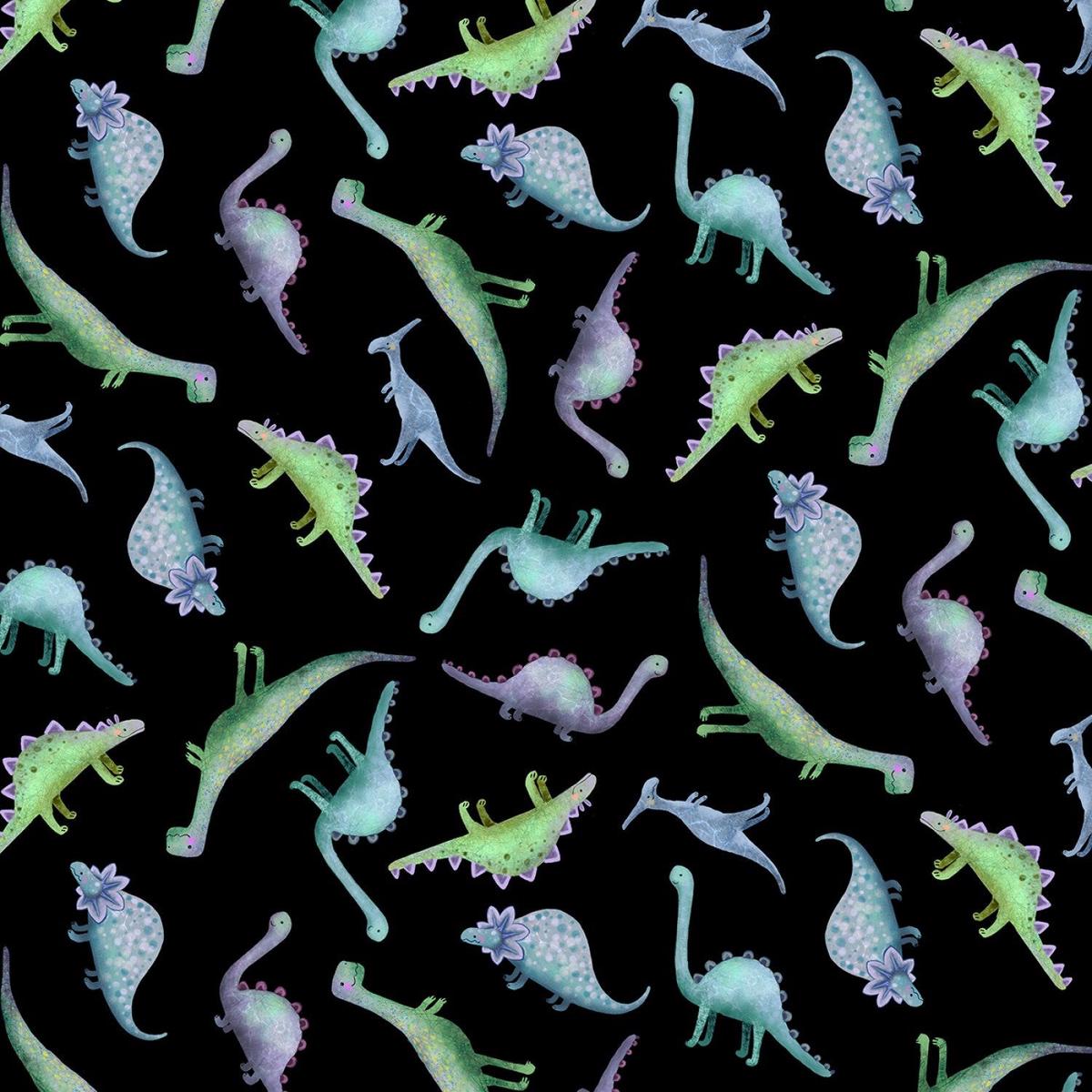 Tossed Dinosaurs Black Cotton Fabric - 1 Yard