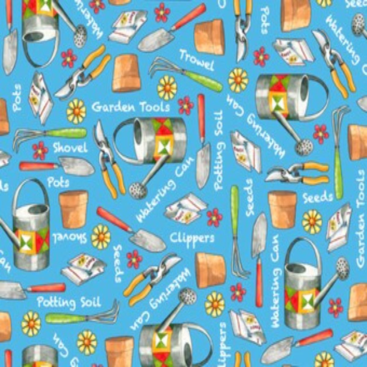 Who Let the Hogs Out Gardening Tools Blue Cotton Fabric