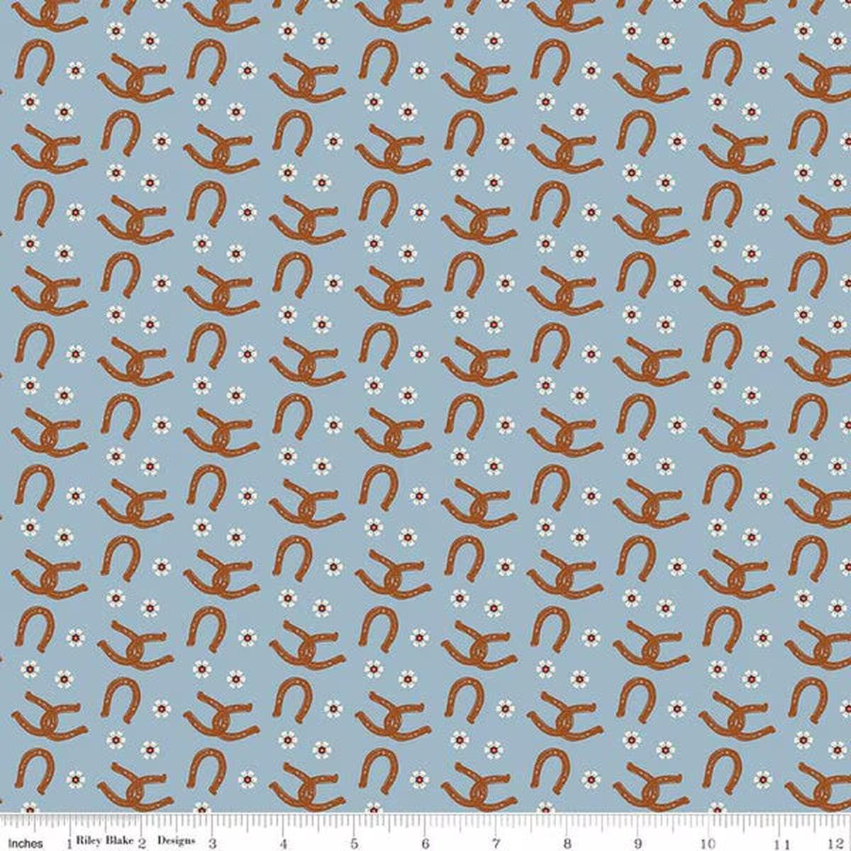 Wild Rose Horseshoes Blue Cotton Fabric