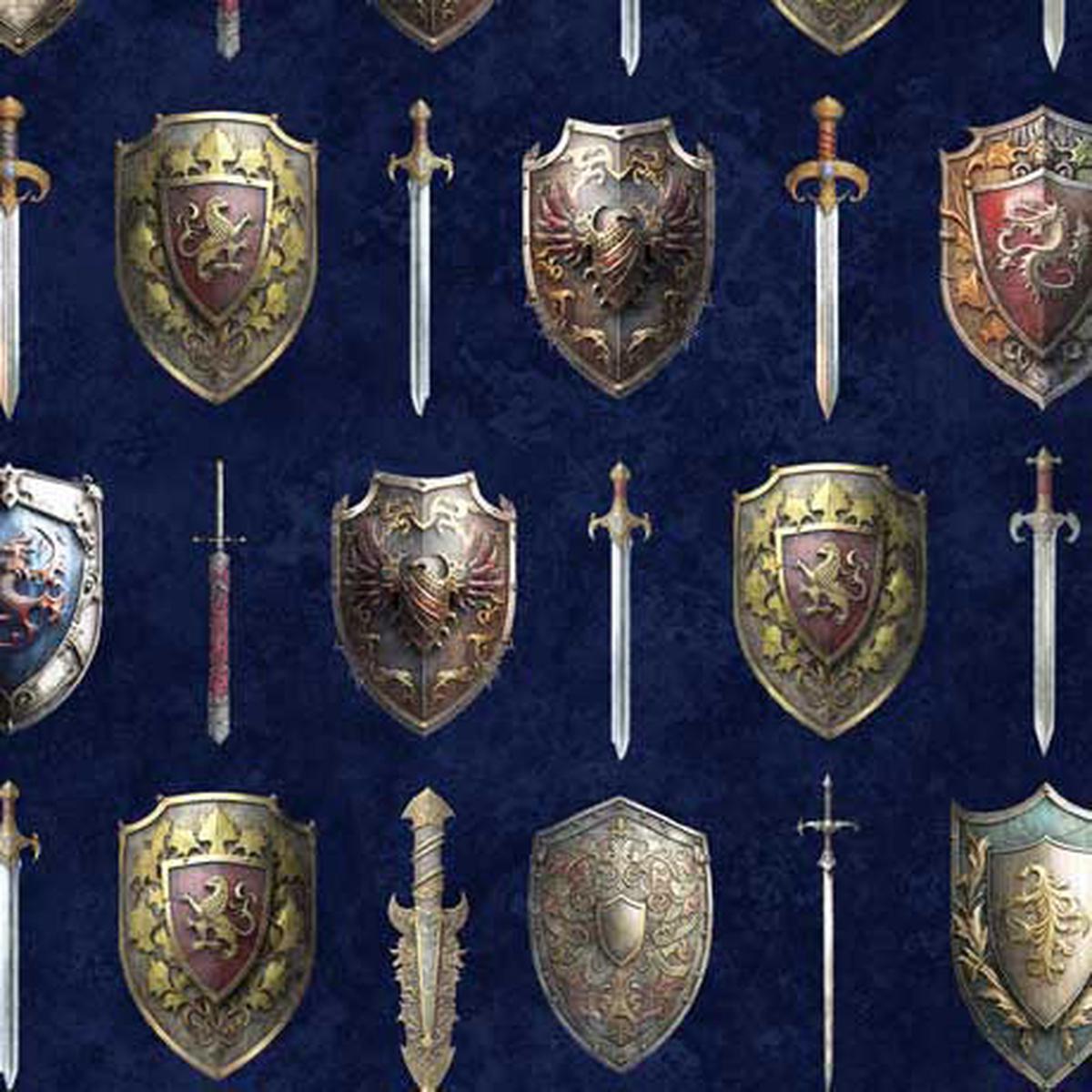 Wizards & Warriors Swords & Shields Navy Cotton Fabric