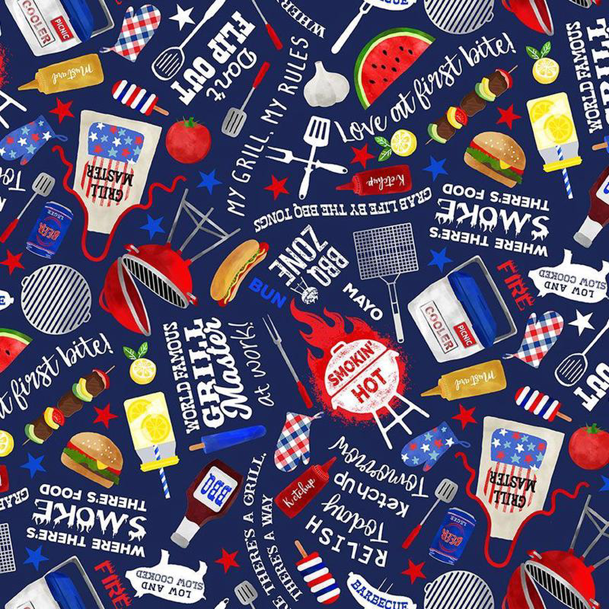 BBQ Season Barbecue Tools Accessories Navy Gail Cadden Timeless Treasures Cotton fabric TT-GAIL-CD1997